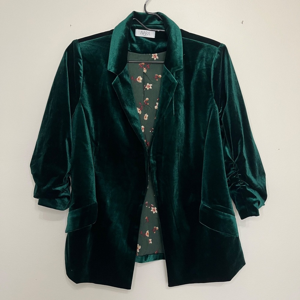 Emereld Green Velvet Blazer 3/4 cinched Sleeve Womens S Dark Academia Whimsigoth